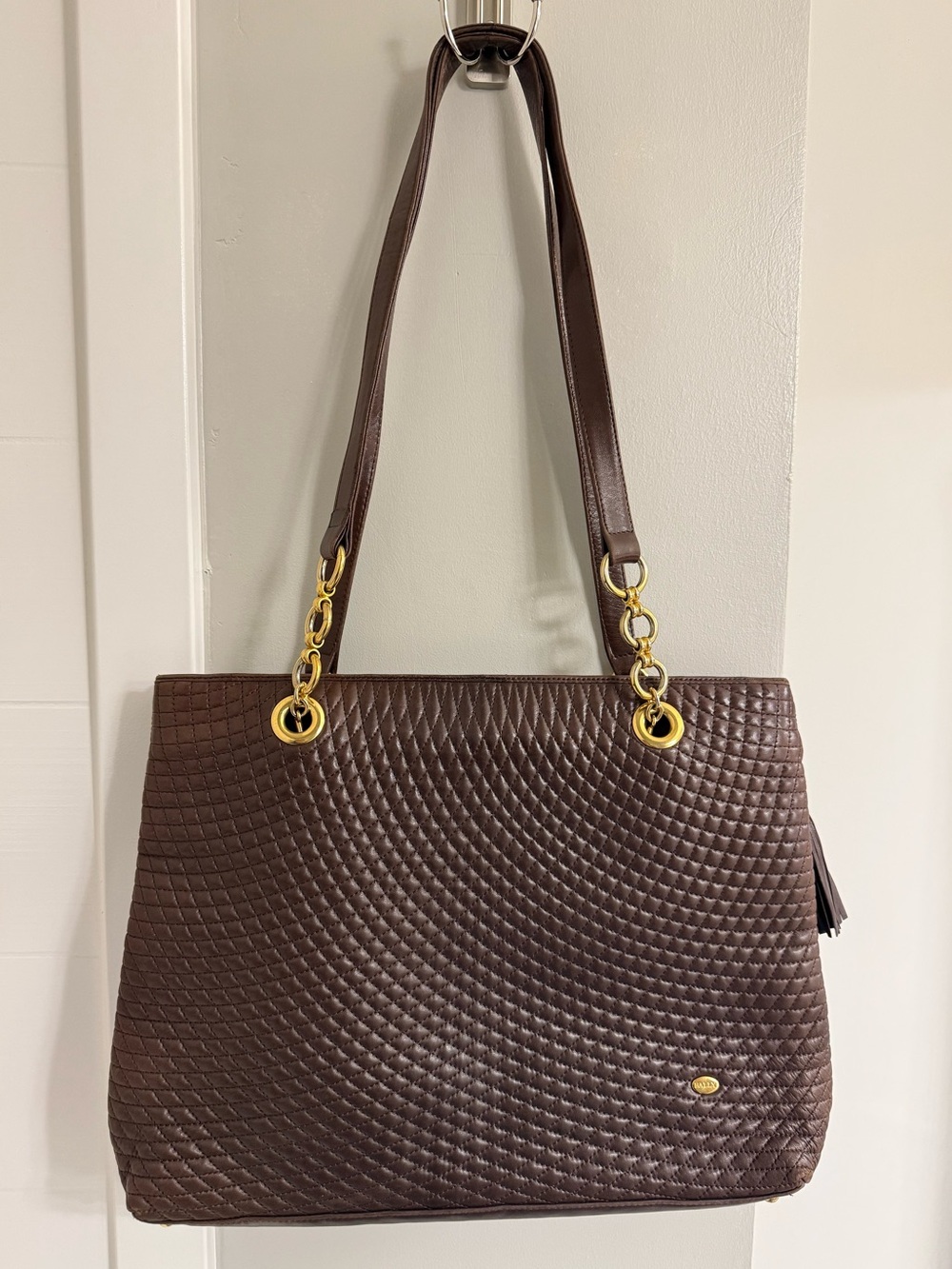 Vintage Bally Chocolate Brown Quilted Leather Shoulder Tote Gold-Tone Hardware